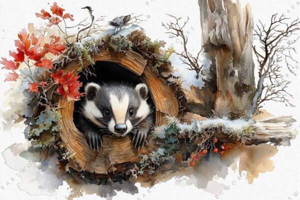 Watercolor painting of a badger in a tree hollow with red leaves.