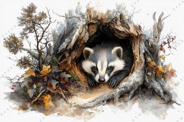"Watercolor painting of a badger peeking from a tree hollow surrounded by foliage."