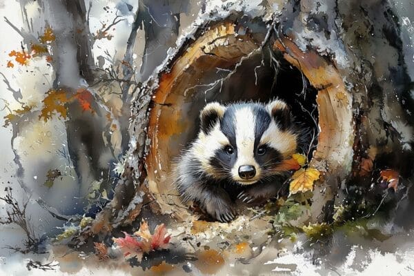 "Digital painting of a badger in a tree hollow with autumn leaves."
