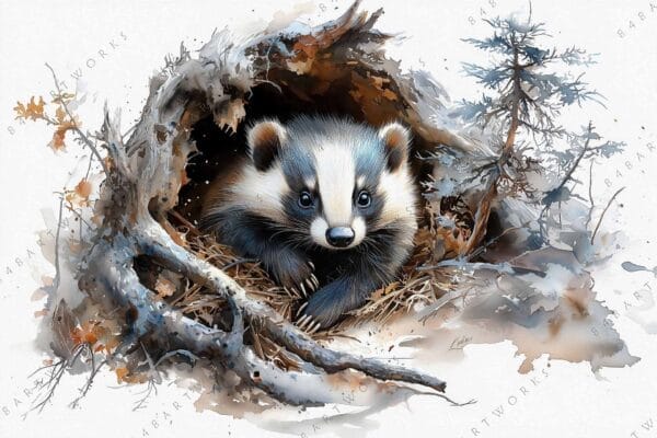 "Digital painting of a badger in a burrow surrounded by leaves and branches."
