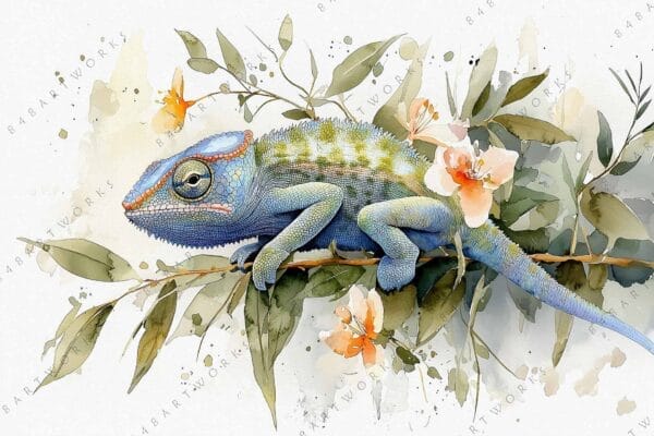 Watercolor illustration of a colorful chameleon on a branch with orange flowers.