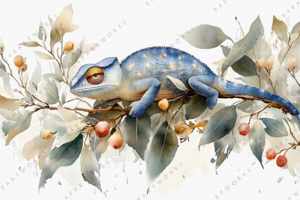 "Watercolor painting of a blue chameleon perched on a leafy branch with berries."