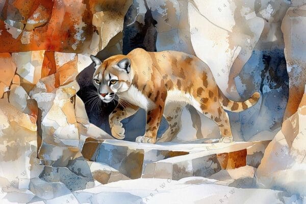 "Colorful digital painting of a cougar in a rocky landscape with warm tones."