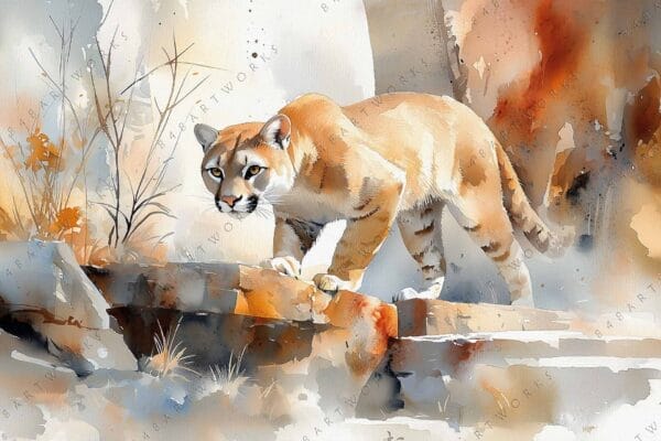 Watercolor painting of a cougar stalking through an abstract, earthy-toned landscape.