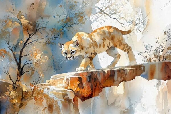 "Watercolor painting of a mountain lion on a cliff with autumn trees."