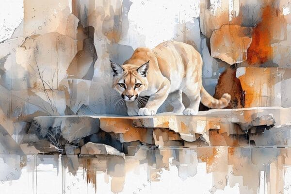 "Watercolor painting of a cougar on rocky terrain in warm earth tones."