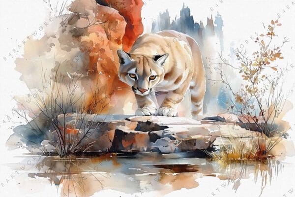 Watercolor painting of a cougar stalking near a rocky stream in earthy tones.