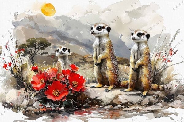 "Watercolor illustration of three meerkats among red flowers with a mountainous background."