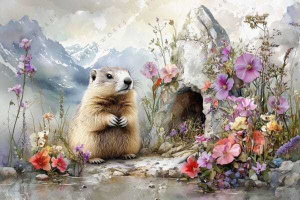 Watercolor painting of a marmot in wildflowers with mountainous background.