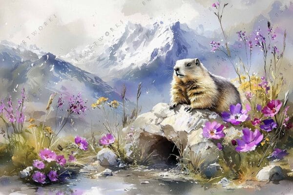Watercolor painting of a marmot on rocks, surrounded by colorful wildflowers and snowy mountains.