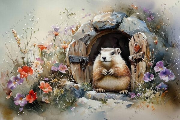 Watercolor painting of a groundhog in a floral doorway, surrounded by colorful flowers.