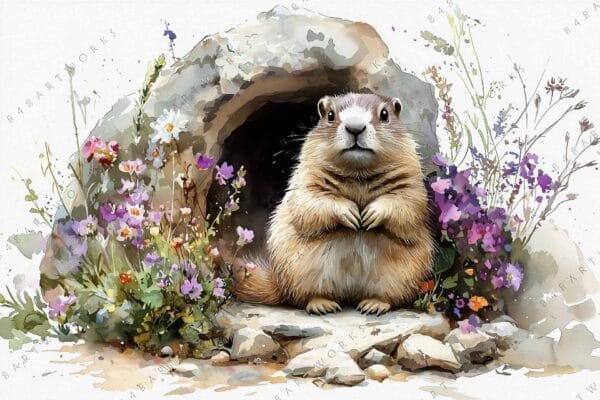 Watercolor painting of a groundhog in a flower-adorned burrow entrance.