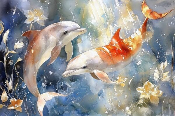 "Whimsical watercolor painting of two dolphins swimming among abstract flowers in oceanic hues."