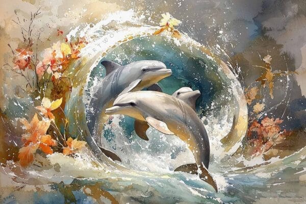 Abstract watercolor painting of dolphins leaping through waves with floral accents.