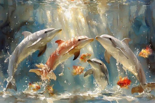 Digital painting of dolphins swimming underwater with vibrant fish and sunlight beams.
