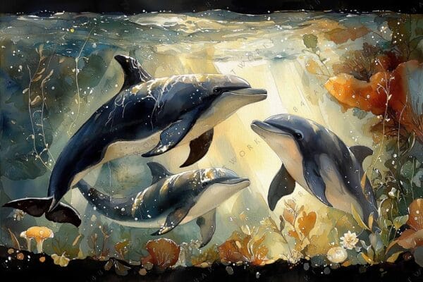 "Digital watercolor painting of three dolphins swimming underwater with seaweed and sunlight rays."