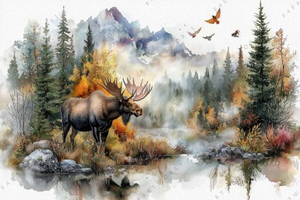 "Watercolor painting of a moose by a misty forest pond in autumn hues."