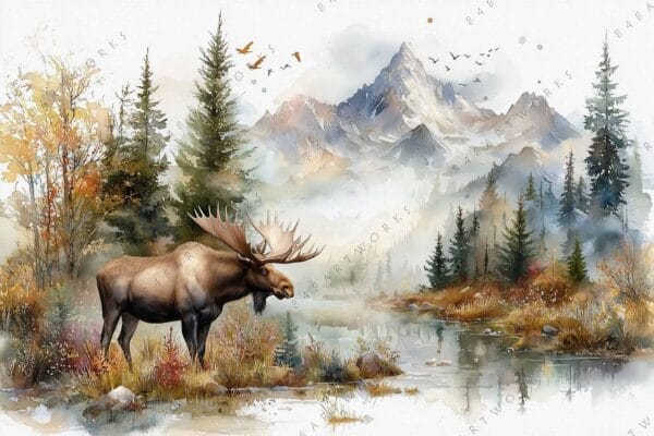 "Watercolor painting of a moose by a misty mountain lake, autumn colors and evergreens."