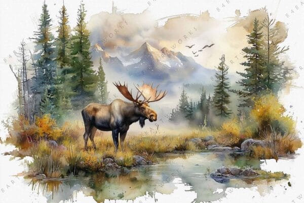 Watercolor painting of a moose by a reflective pond in a mountainous forest landscape.
