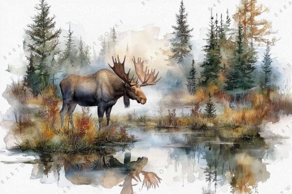 "Watercolor painting of a moose by a forest pond with reflected autumn foliage."
