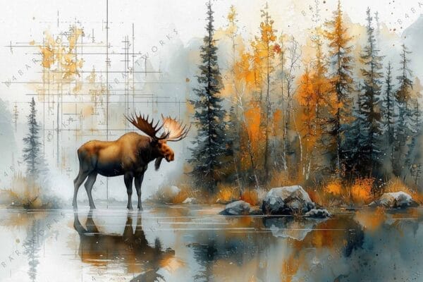 "Watercolor painting of a moose by a reflective autumn forest and pond."