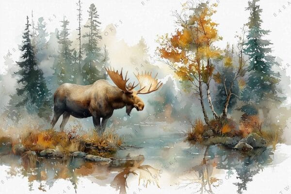 "Watercolor painting of a moose by a misty pond with autumn trees."