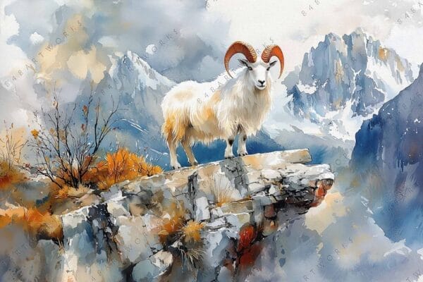 Painting of a mountain goat standing on a rocky cliff in autumn hues.