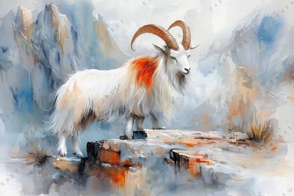 "Digital painting of a mountain goat on rocky terrain with soft blue and orange hues."