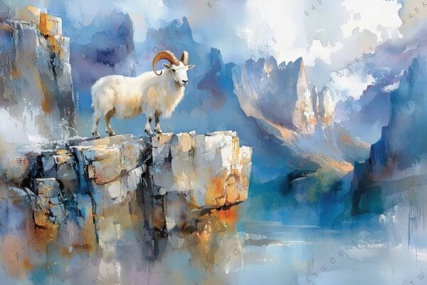 "Abstract painting of a mountain goat on cliffs, in cool blue and warm tones."