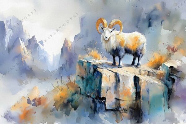 Watercolor painting of a mountain goat on a rocky cliff with misty background.