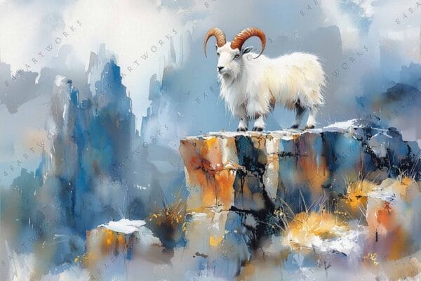 "Digital art of a mountain goat on a rocky ledge in blue-orange hues."