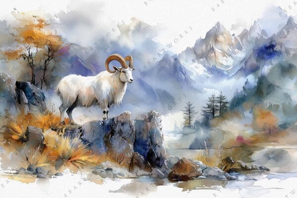 Watercolor painting of a mountain goat on rocky terrain with misty mountains background.