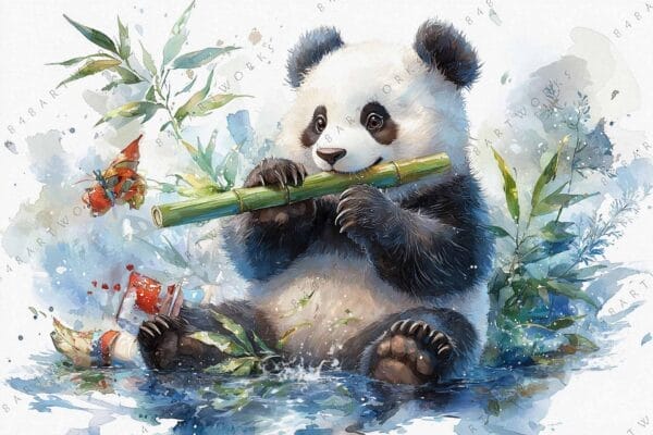 "Whimsical watercolor painting of a panda playing with bamboo in a natural setting."