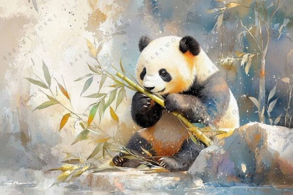 "Watercolor painting of a panda eating bamboo amidst soft earth-toned foliage."