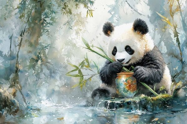 Watercolor painting of a panda chewing bamboo beside a jar in a lush forest.