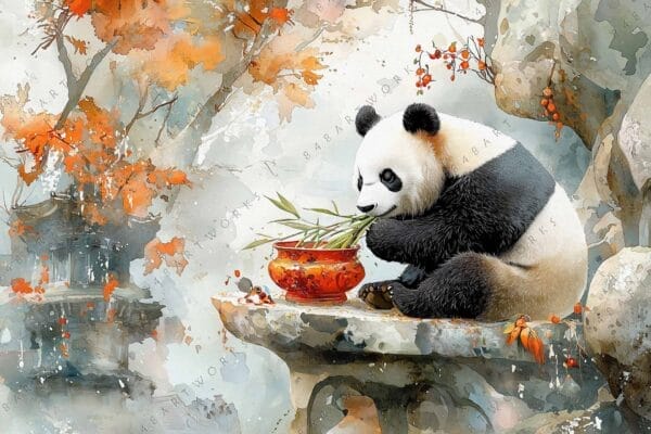 Digital painting of a panda on a ledge, surrounded by autumn foliage and rocks.