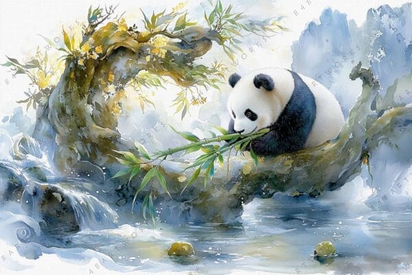 Watercolor painting of a panda eating bamboo, surrounded by flowing water and foliage.