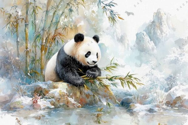 Watercolor painting of a panda resting among bamboo and snowy mountains.