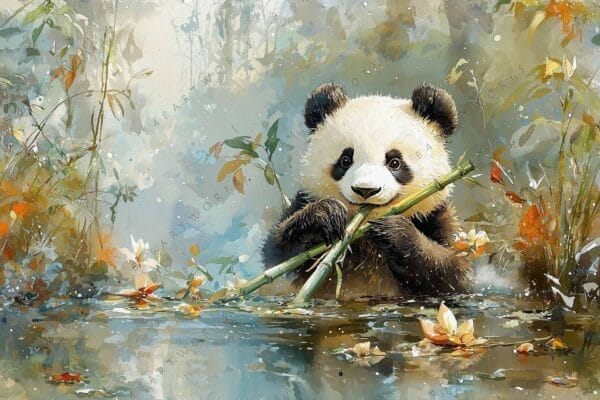 "Watercolor painting of panda eating bamboo among autumn leaves on a serene pond."