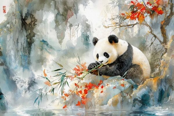 "Watercolor painting of a panda eating bamboo amidst vibrant autumn foliage."