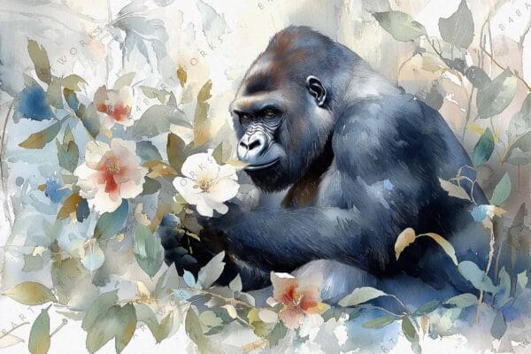 "Watercolor painting of a gorilla with flowers in soft pastel hues."
