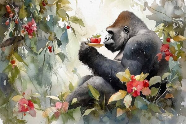 Watercolor painting of a gorilla holding a teacup in lush foliage.