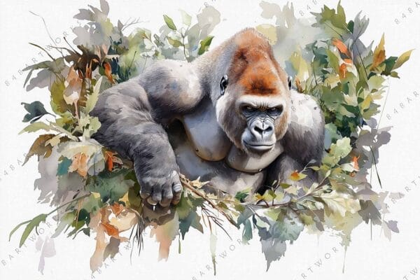 "Watercolor painting of a gorilla among green and brown foliage."