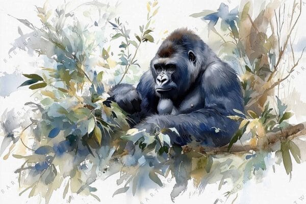Watercolor painting of a gorilla surrounded by green foliage with soft brushstrokes.