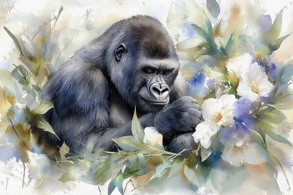 "Watercolor painting of a pensive gorilla surrounded by delicate flowers and greenery."