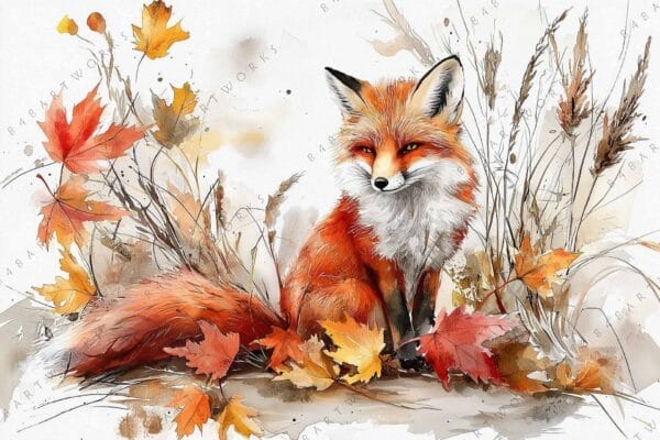 Watercolor painting of a fox amid autumn leaves in warm brown and orange tones.