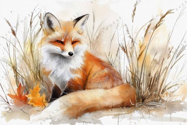 "Watercolor painting of a red fox amidst autumn grass and leaves."