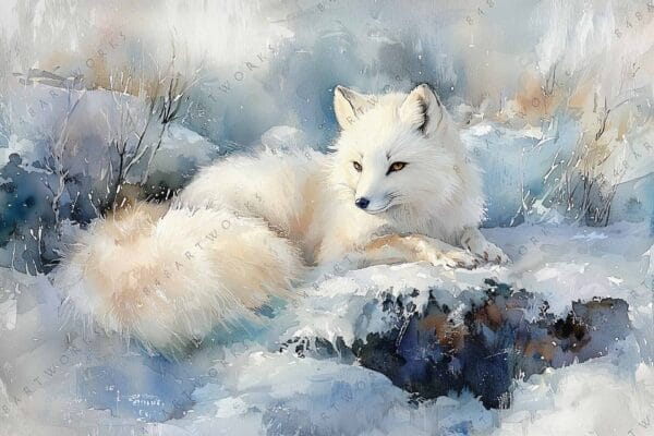Watercolor painting of an arctic fox resting on snowy ground, with soft blue tones.