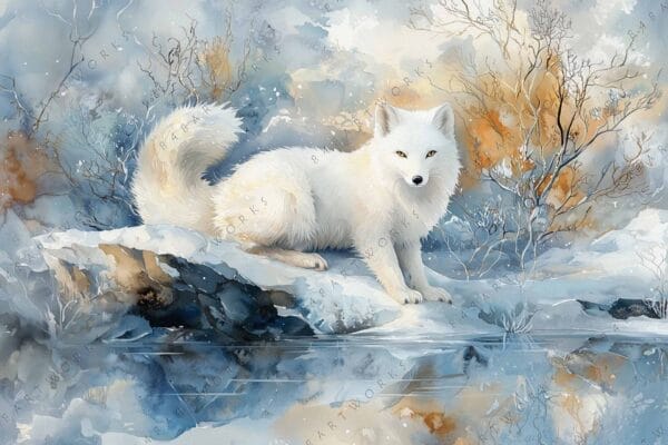 Watercolor painting of an arctic fox on snow with blue and orange backgrounds.