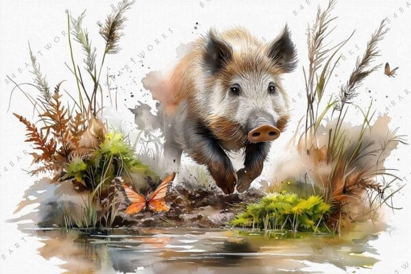 "Watercolor painting of a wild boar running through grass with butterfly and foliage."